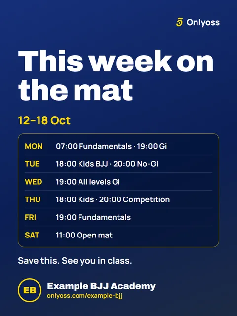 A ready Instagram post: this week's classes for a sample school, with its name, address and the Onlyoss logo.